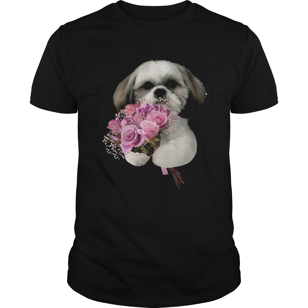 Shih Tzu holds a bunch of roses shirt