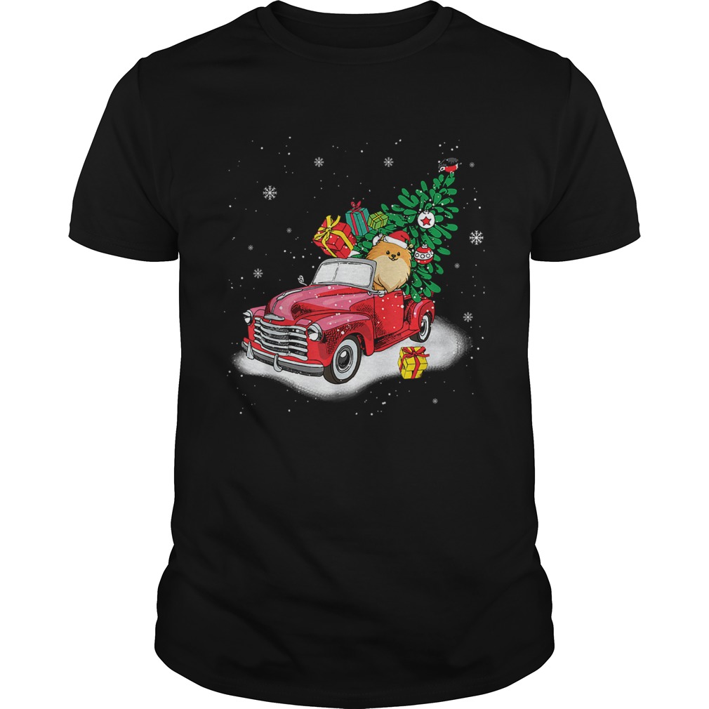 Pomeranian Rides Red Truck Christmas Tree Xmas Gifts TShirt