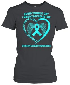 Teal Ribbon Heart In Memory Of Mother In Law Ovarian Cancer  Classic Women's T-shirt