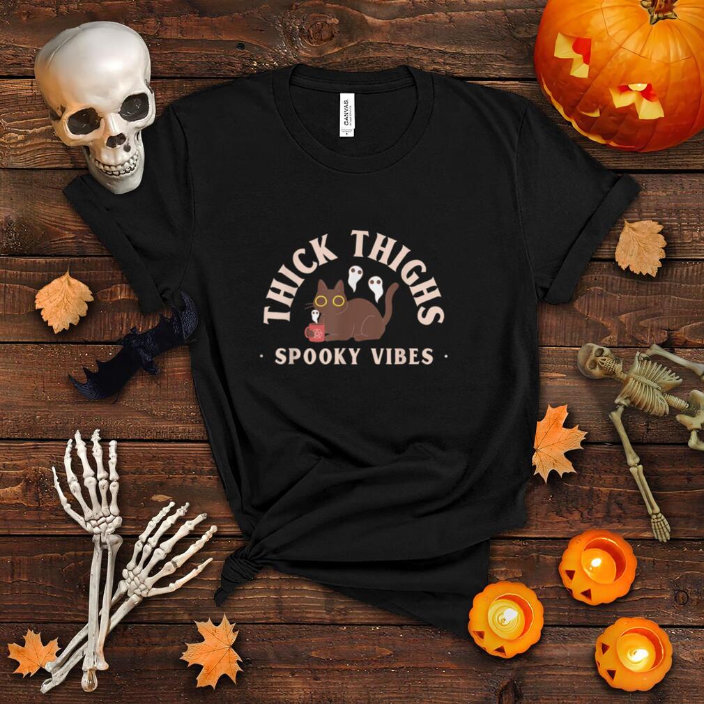 Funny Kawaii Cat Halloween Witch Thick Thighs Spooky Vibes T Shirt